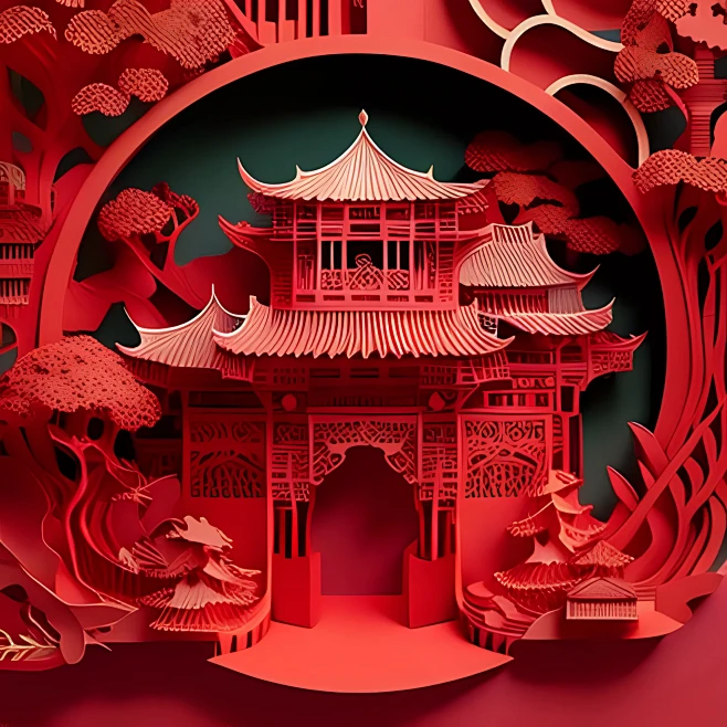 AIGC：纸雕中国风建筑-花瓣网