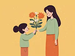 卡通手绘教师节插画学生向老师献花插画海报鲜花感谢师恩教育温馨