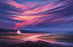 小房子 小河流 插画风景4k壁纸