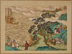 清初 皇太后八旬万寿图册 设色绢本 九开册【乾朝盛事–崇庆皇太后八旬万寿盛典 事母至孝的弘曆，登基后为生母崇庆皇太后举办的六旬、七旬、八旬大寿盛典，几尽奢华之极致，且随著时间愈发盛大。乾隆十六年，逢崇庆六旬寿典，据载「中外臣僚纷集京师，举行大庆。自西华门至西直门外之高粱桥，十馀里中，各有分地，张灯结綵，结撰楼阁」，乾隆皇下令于北京修建西华门至圆明园河道，并修整沿路寺庙。七旬寿典时，除重修寺庙外，更「大小臣工无不思各尽愚诚，恭襄圣典」。而至八旬盛典，已是「普天同庆，率土 ( (8)