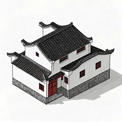 中国古建筑，轴测图，皖南民居，白墙黑瓦红门，单体，插画，png素材，插画风，免扣