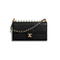 Clutch with Chain - Black - Goatskin, Imitation Pearls & Gold-Tone Metal - Default view - see standard sized version