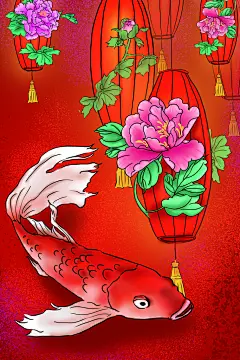 锦鲤手绘高级感大气清新新年插画