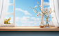 two wooden boards on the side of the window and a tree, in the style of motion blur panorama, sky-blue and white, uhd image, studyplace, joong keun lee, joyful celebration of nature, focus on materials