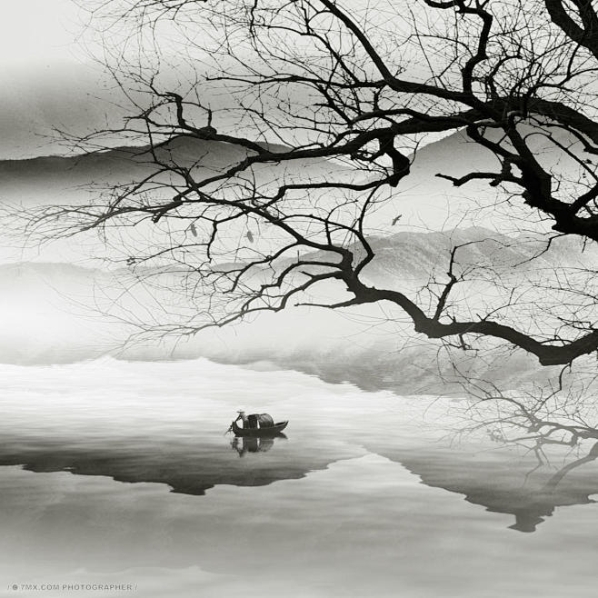 意境水墨山水 黑白 风光 黑白 山脉 山 古镇 树木 自然 森林 小船 天