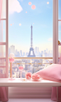 Paris view, in the style of kawaii chic, 8k 3d, soft edges and blurred details, feminine imagery, tokio aoyama, realistic interiors, romantic emotivity