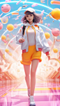 Realistic 3d cartoon style rendering, Running Chinese girl, summer trend fashion clothing, candycolor clothes, new pop portrait, fashion illustration,vibrant colors, neon realism, made by POP-Mart, glossy and delicate, clean background, 3d rendering, OC r