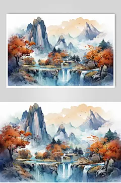 AI数字艺术水墨风秋天秋季自然风景插画