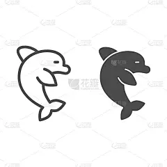 海豚线和固体图标，水上公园概念，小群小的鲸鱼标志在白色的背景，海豚符号图标轮廓风格的移动概念和网页设