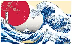 日式浮世绘神奈川海浪墙纸卧室宿舍寿司店日本料理手绘壁纸餐厅-淘宝网