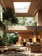 Interior Design, a perspective of a living room and a kitchen with an island, large windows with natural light, Light colors, vegetation, modern furniture, skylight, modern minimalistic design --ar 3:4 --v 6.0