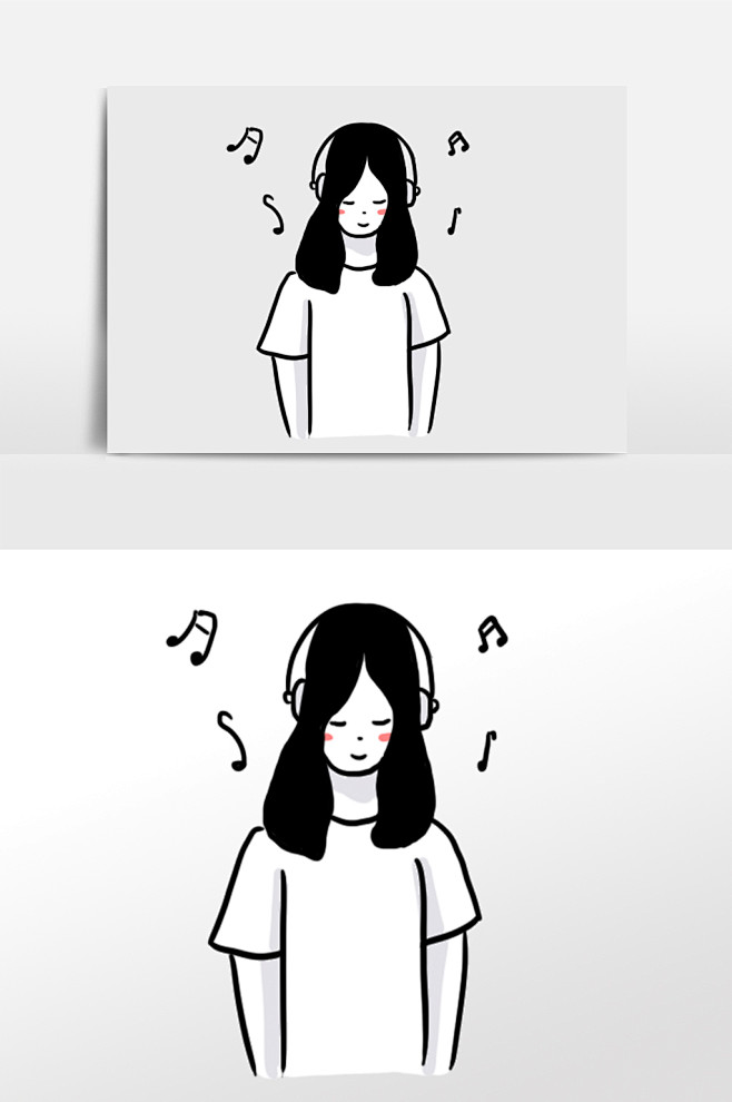 黑白风简笔画听音乐的女生手绘元素插画