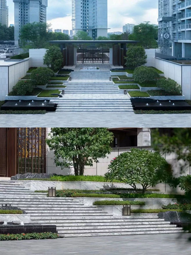 东莞金众柏悦公馆示范区 穿过凉风习习的树阵，眼前乍现的主入口空间极具现代东方格调，开阔又充满仪式感，信步拾级而上，涌泉相迎，山影叠峦间绿植旁逸 ...