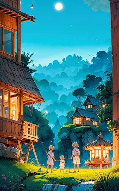 夏季 垂钓 小孩 捉鱼 夏天 月光 村落 壁纸 手机壁纸 高清壁纸 风景壁纸