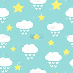 可爱的孩子无缝图案。星星和云与雨滴在心的形式。