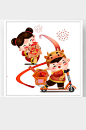 中国喜庆牛年新年卡通插画福娃抱年货-众图网
