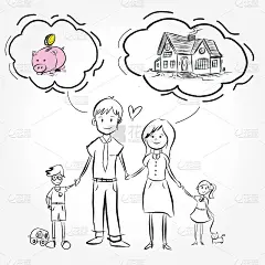 商业主题(涂鸦)手绘插图。瓦科特一家买了房子