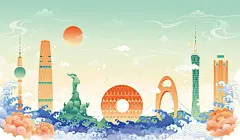 广州城市地标建筑剪影插画