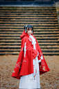 #汉服# 【红松鹤】出镜：@小凉掉进古装大坑 ，同行@希瑞希瑞赐予我力量吧 服装@清辉阁步光 红松鹤。（最喜欢的一件斗篷没赶上最好的银杏，有点遗憾。大图LOFTER：O网页链接 全部图片站酷：O网页链接
