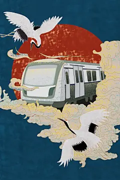 国潮唯美开往春天的列车插画
