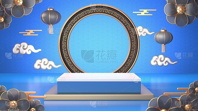 3d渲染图像的蓝色几何讲台。中国传统平台...