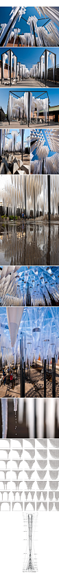 【智利圣地亚哥水教堂/GUN architects】GUN设计的“水教堂”目前已安装在智利首都圣地亚哥，该方案设计获得纽约现代艺术博物馆的国际青年建筑师项目，展馆构建是挂起垂直面料组成，由不同高度和密度来雕刻自然空间。
