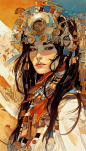 A chromolithography print paper collage, by Frazetta & Franz Kline & Ivan Bilibin & Erin Hanson & Moebius, close up portrait of an interdimensional bounty hunter with flowing hair made of geometric patterns, scifi goggles with rococo detai