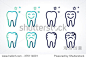 Happy, healthy, shining teeth. Sad, ill, dirty teeth set. Transparent overlapping linear vector illustration. Green, blue, turquoise, dark-blue linear tooth sign, symbol, icon, logo