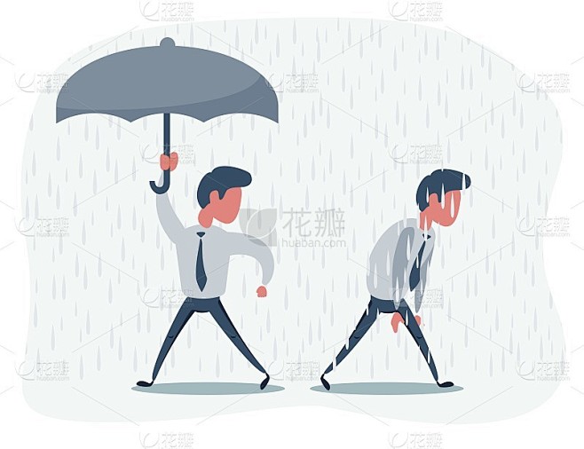 商人带着和不带伞下着雨