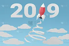 纸艺术风格的新年快乐2019与火箭发射在天空，为任何特殊的场合创造您自己的个性化贺卡，3D渲染和最小