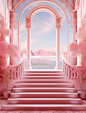 an pink and white room with pink staircases, in the style of digital art, richly detailed backgrounds, light red, kawaii aesthetic, detailed marine views, rich color contrasts, arched doorways