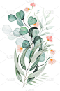 水彩粉花和绿叶花束插图