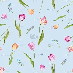花卉无缝图案与水彩郁金香。春天的背景与开花的花朵, 为面料, 墙纸, 海报, 横幅。矢量插图
