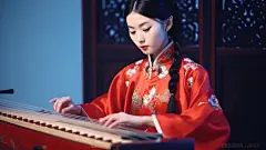 (1/4)一个亚洲女孩在北朝南朝风格的蓝色背景上演奏木槌，32K UHD，何佳颖，音乐学院，图像拼贴，音像，宁静的视觉(AI绘图来自WeDraw.art)