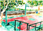 鼓楼-篮球场（手绘南大）-kaizen618_手绘,水彩,篮球场,校园_涂鸦王国插画