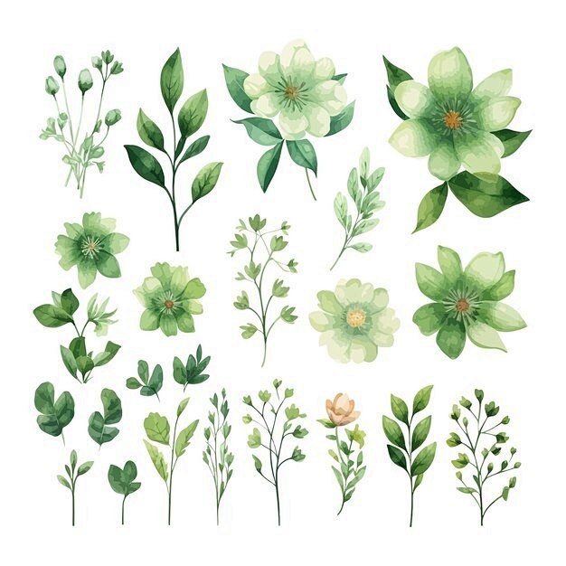 手绘水彩花朵植物叶子元素矢量图设计素材