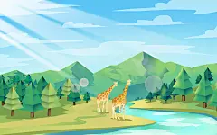 手绘卡通森林长颈鹿森林动物日原创插画海报