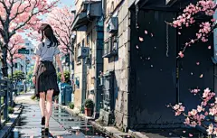 樱花 动漫女孩 白衬衫 黑色百褶裙 4k壁纸