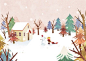 树旁小屋 雪地雪人 拉着雪橇的小女孩 冬季插图插画设计PSD ti237a13406