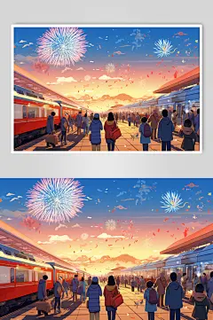 AI数字艺术国潮春运回家人物山水元素插画-众图网