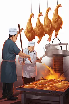 鸭子烘烤北京烤鸭美食制作元素插画