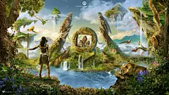 General 2560x1440 Desktopography digital art stone age prehistoric period plants fantasy art parrot lion stone tools Photoshop Wendell Souza collage hawks floating island
