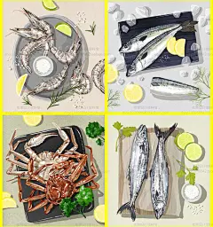国外手绘水彩海鲜海报PSD鱼虾蟹扇贝生蚝美食海报插画VI设计素材-淘宝网