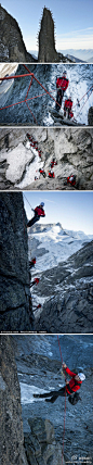 【28名登山者疯狂定格“针尖峰” 拍摄@MAMMUT-猛犸象 创意广告大片】瑞士摄影师罗伯特•波斯奇（Robert Boesch）经过数月构思，指导28名登山者按照匀称比例定格在阿尔卑斯山近乎垂直的一座针形山峰的壁和顶上。从外观看，登山者们也形似一颗颗尖针插入这座山峰，着实令人惊叹