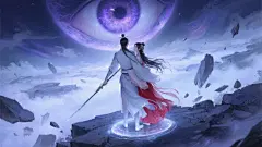 古风，双人伪厚涂，插画，美丽，男主背影，绝美，男，笔触，线条清晰，明暗对比，拥抱，超高清，高级感，面部特写，最高画质，长发，极致清冷感，精美配饰，绝美眼睛，细节五官。丰富细节，朦胧感，微距镜头，面部阴影，面部聚焦，丰富的细节，凌乱发丝拂面，高质量，写实逼真，艳丽的油画质感，细腻肌理，bjd，cg，俯视，半身 全身，远景，汉服，仙侠，靛色，整个画面通过细腻的光影处理和逼真的场景塑造，呈现出宏大的仙侠奇幻景象。色调偏冷，以紫色和蓝色为辅助色，整体颜色偏亮色，进一步增强了古风奇幻感和神秘感。人物动作分析画面中身