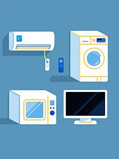 简约现代风格的矢量插画，纯色背景，四个家电产品规整排布，每个产品均为扁平化设计，轮廓线条清晰流畅，采用蓝白为主色调并搭配浅色渐变和黄色装饰线条。左侧上方是挂壁式空调，白色机身，蓝色显示屏显示温度，右侧配有蓝色遥控器；右侧上方是洗衣机，白色长方体造型，正面有圆形透明观察窗和蓝色控制面板；左侧下方是微波炉，白色方正机身，正面有带黄色边框的透明视窗和蓝色控制按钮；右侧下方是电视，黑色屏幕，白色边框，简约底座。所有家电均无任何文字、logo和水印，整体造型简洁明快，色彩和谐统一，保持一致的线条风格和视觉语言。