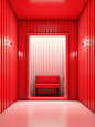 red walls on one side and a white wall, in the style of digital neon, simplistic cartoon, realistic interiors, confessional, light red and white, hyper-realistic details, soft-edged