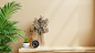 Wall mockup with green plant and clock on the shelf on empty cream color background