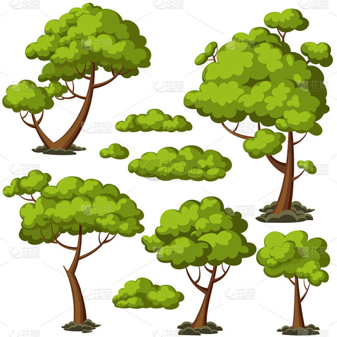 一套可爱的卡通树木和绿色灌木.