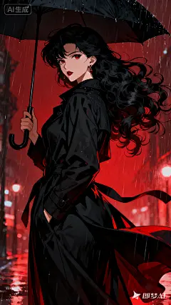 jimeng-2025-09-28-2085-黑暗风格插画，古早动漫风格，暗红色背景，华丽的画风，黑色长波浪卷发美艳女性，风吹